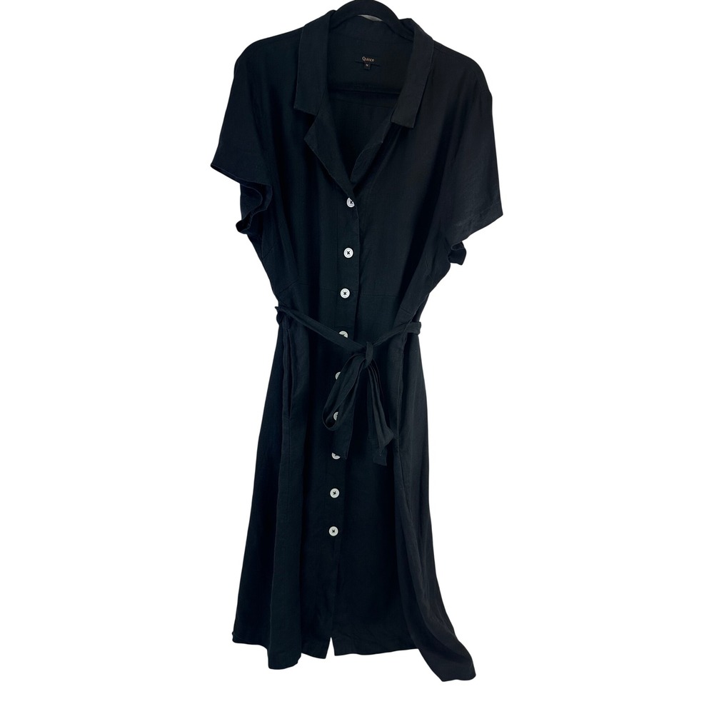 Quince 100% European Linen Button Front Dress Black Short Sleeve Midi Belted 1X